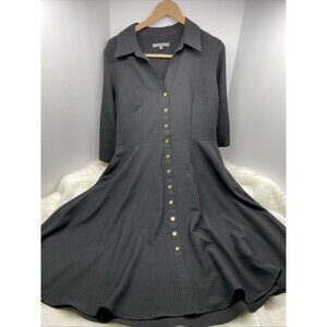 Sharagano Black Dress 12 Corporate Goth Dark Academia Minimalist Gold Button